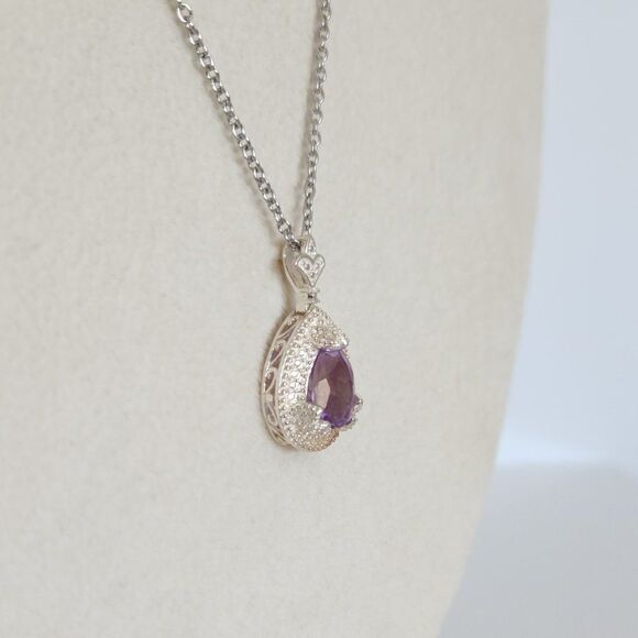 Purple Amethyst Pendant Necklace Stainless Steel Chain - Picture 4 of 9